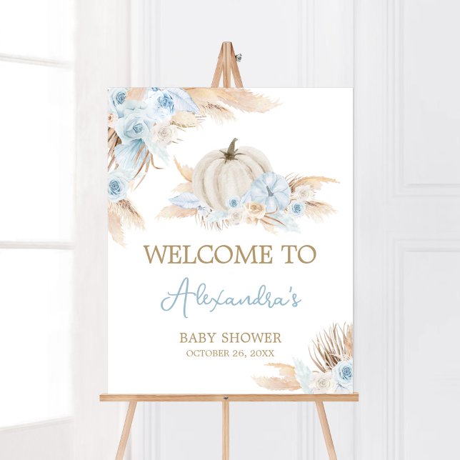Affiche Boho Dusty Baby shower Citrouille bleu Bienvenue (Boy Little Pumpkin Baby Shower Welcome Sign )