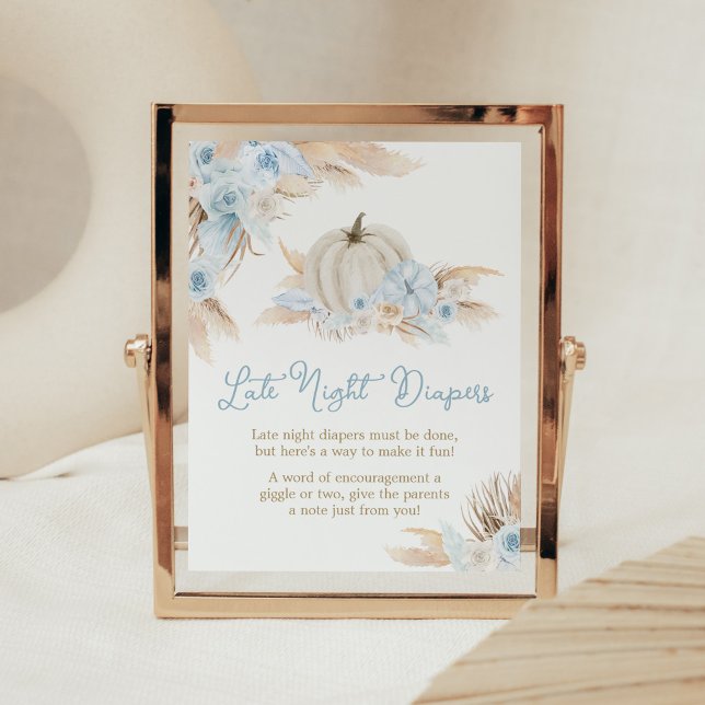 Affiche Boho Dusty Blue Citrouille Late Night Diapos (Boy Little Pumpkin Baby Shower Late Night Diapers Sign)