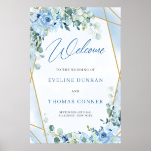 Affiche Boho Dusty Blue Floral cadre or Mariage Bienvenue