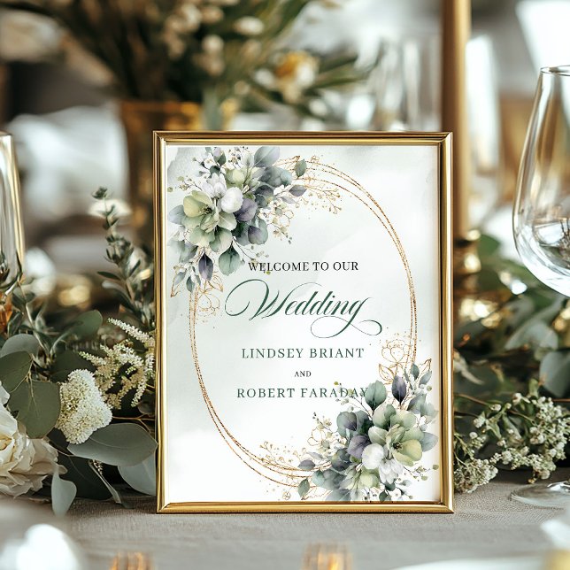 Affiche Boho Dusty Green Eucalyptus Présentation de mariag (Boho Dusty Green Eucalyptus Tabletop Wedding Welcome)