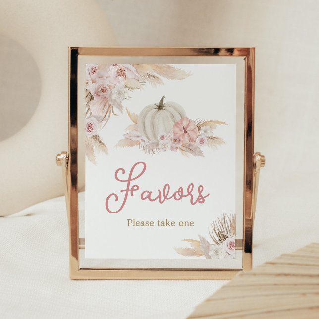 Affiche Boho Dusty Rose Citrouille Baby shower Faveurs (Pink Floral Pumpkin Baby Shower Favors Sign)