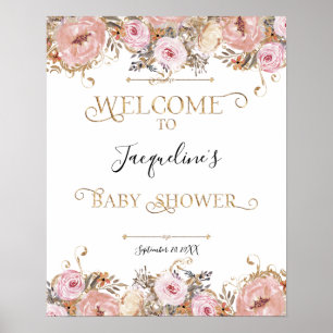 Affiche BOHO Dusty rose Floral Aquarelle Baby shower fille