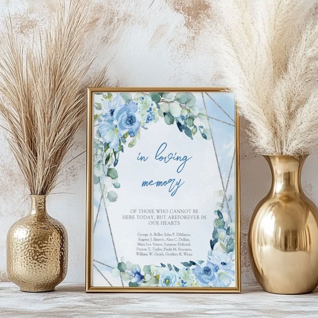 Affiche Boho Elegant bleu douce aquarelle En mémoire d'amo (Boho Elegant soft blue watercolor In loving memory Poster)