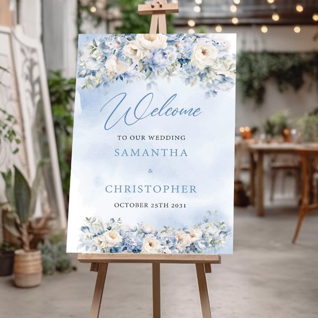Affiche Boho Elegant hiver bleu poussiéreux et fleurs d'iv (Boho blue winter flowers sage greenery wedding welcome sign poster)