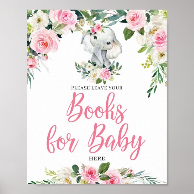 Affiche Boho éléphant rousse livres floraux pour bébé sign (Devant)