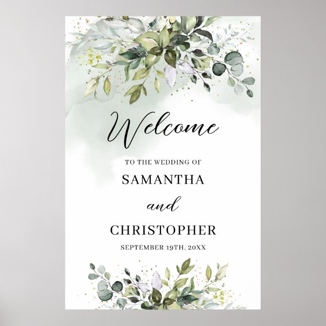 Affiche Boho Eucalyptus branches vertes or Bienvenue (Devant)