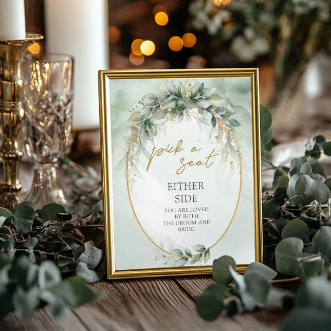 Affiche Boho eucalyptus verdure Choisir un siège de chaque (Boho eucalyptus greenery Pick a Seat Either Side Poste)