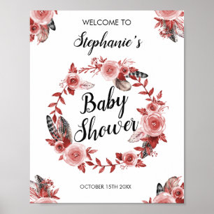 Affiche Boho Feather Bourgogne Rose Wreath Baby shower