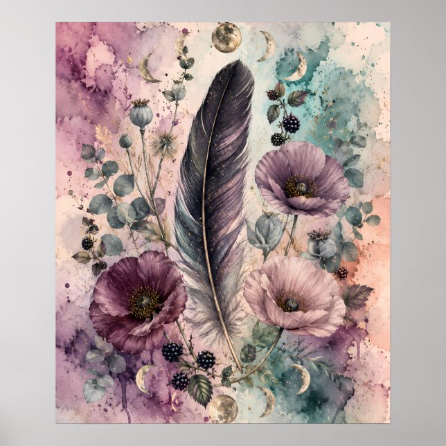 Affiche Boho Feather et Poppies Phase de Lune Céleste (Devant)