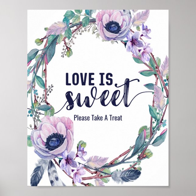 Affiche Boho Feather & Floral Wreath Mariage Love is Sweet (Devant)