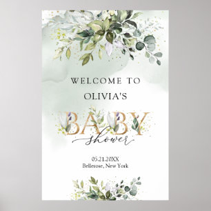 Affiche Boho feuillage vert couronnes lettres d'or Bienven