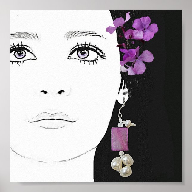 Affiche Boho fille avec fleurs violettes mode art (Devant)