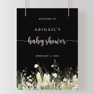 Affiche Boho Fleur sauvage Baby shower noir Bienvenue