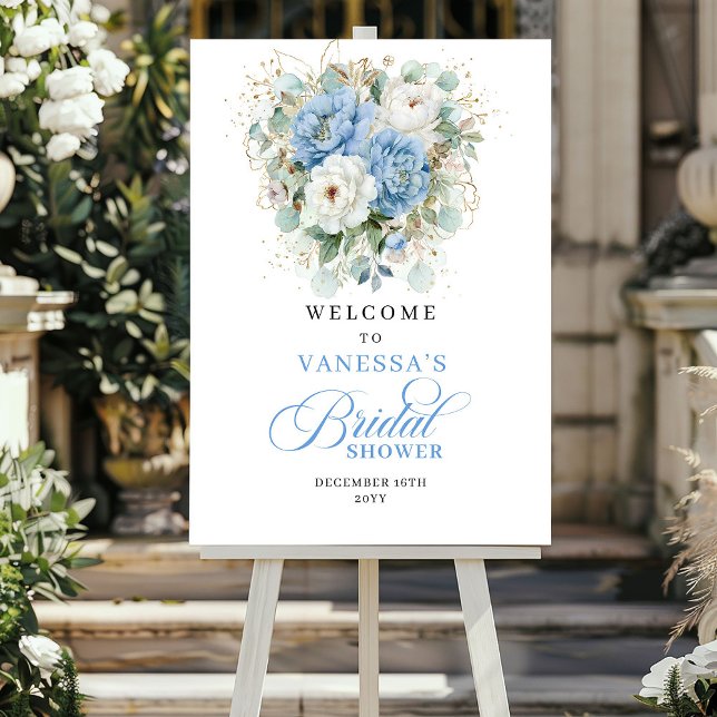 Affiche Boho Fleurs Bleues Pastel Accueil de la Mariée (Boho Pastel Blue Flowers Bridal Shower Welcome)