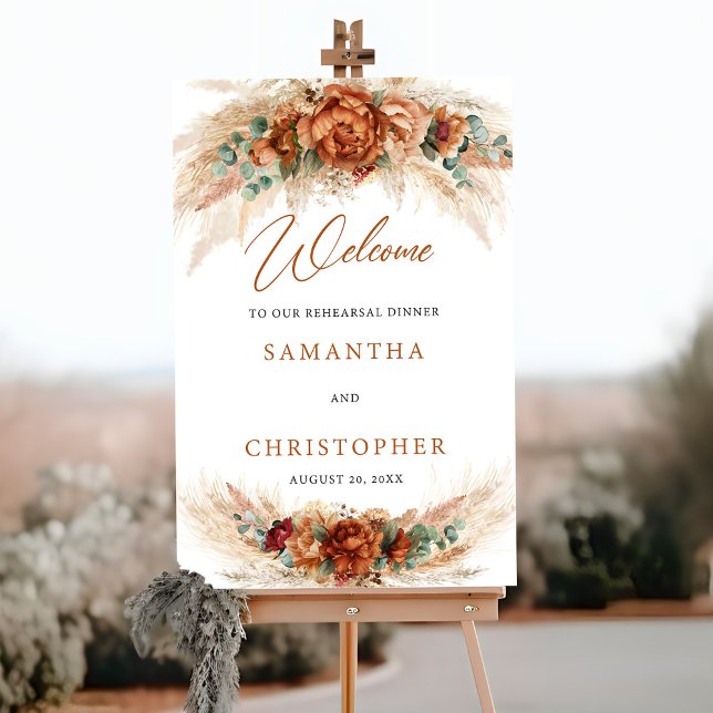 Affiche Boho fleurs en terre cuite moderne Répétition de b (Trendy Terracotta and burgundy flowers greenery pampas rehearsal dinner welcome poster )