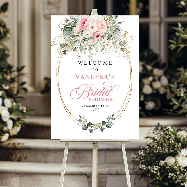Affiche Boho Fleurs Rose Poussiéreuses et Feuillage pour B (Boho Dusty Pink Flowers Greenery Bridal Shower Welcome)