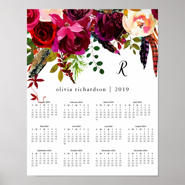 Affiche Boho Floral | 2019 Calendar with Monogram (Devant)