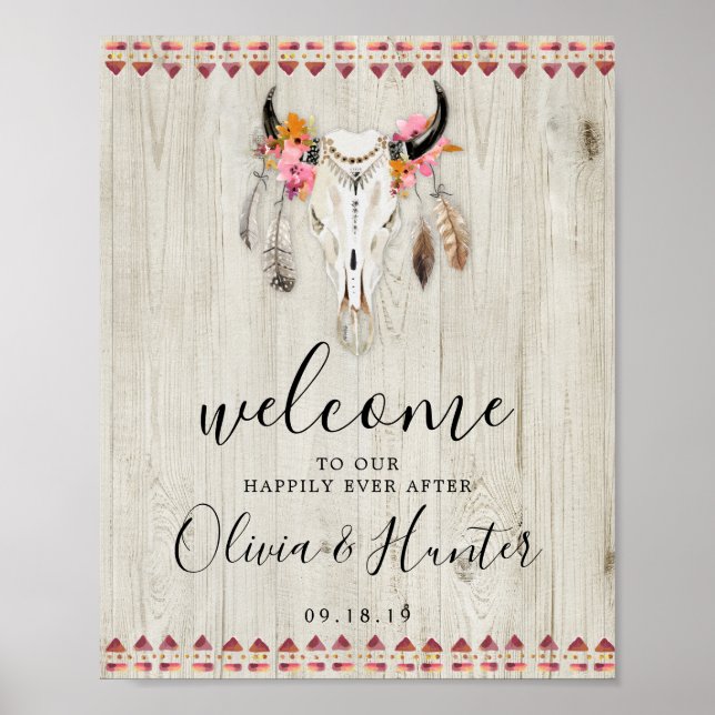Affiche Boho Floral Antlers Crâne de vache Mariage de bien (Devant)