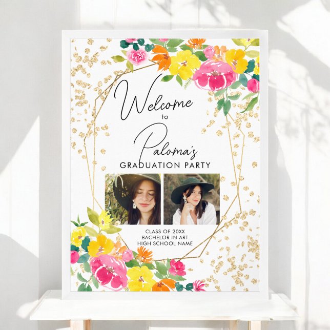 Affiche Boho Floral Aquarelle 2 photo Graduation Bienvenue (Boho Floral Watercolor 2 photo Graduation Welcome Poster)