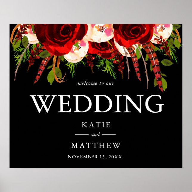 Affiche Boho Floral Bourgogne Noire Bienvenue à Notre Mari (Devant)