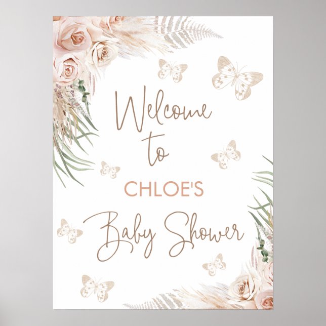Affiche Boho Floral Butterfly Kisses Baby shower Bienvenue (Devant)
