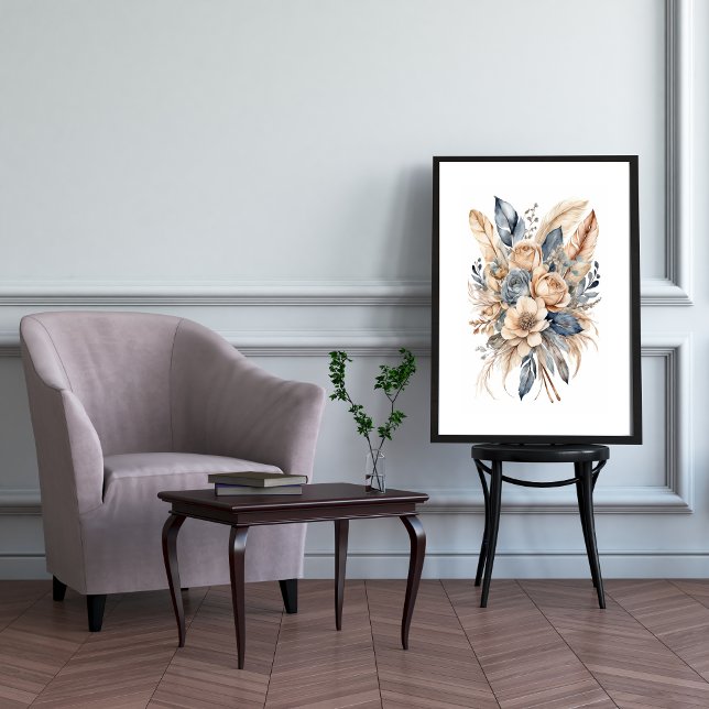 Affiche Boho Floral Dusty Bleu Beige Aquarelle Fleurs (Boho Floral Botanical Feathers Wall Art, Watercolor Art print poster, Dusty Blue Beige Neutral Color)
