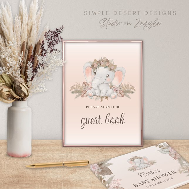 Affiche Boho Floral Elephant Baby shower Invité Livre Sign (Boho Baby Shower Guest Book Sign with Cute Elephant and Bohemian Gender Neutral Floral Pampas Grass)