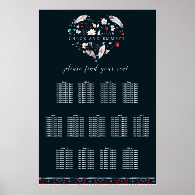 Affiche Boho Floral et plumes 13 tables (Devant)