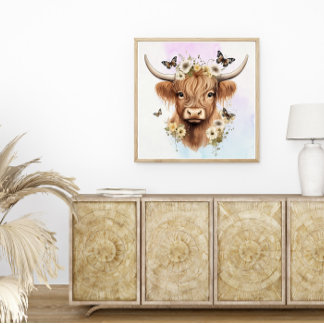 Affiche Boho Floral Highland Vache avec Arrière - plan Pas