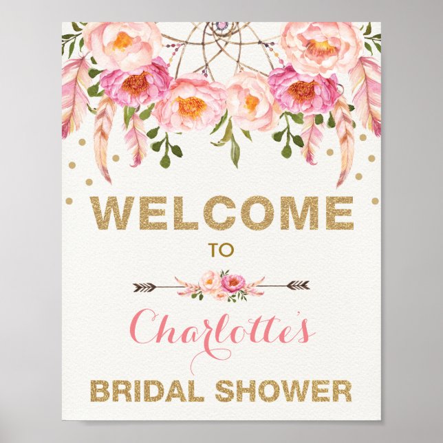 Affiche Boho Floral Mariage Shower Dreamcatcher Rose Or (Devant)