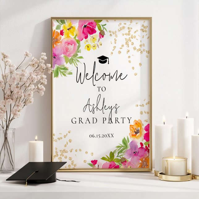 Affiche Boho Floral Moderne aquarelle Accueil (Modern Boho Floral Watercolor Graduation Welcome Poster)