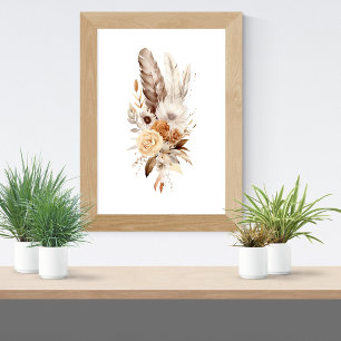 Affiche Boho Floral Plumes Botanique Aquarelle Mur Art