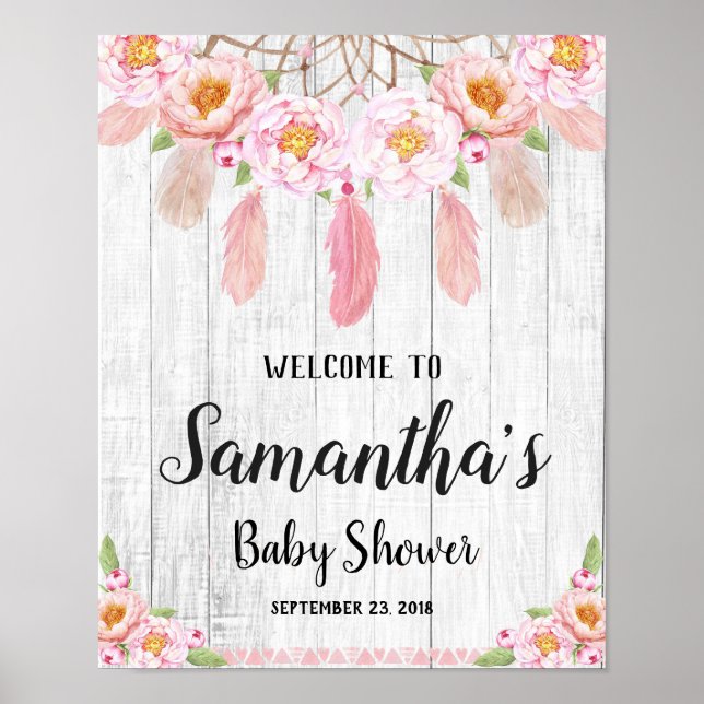 Affiche Boho Floral Rustique Baby shower de bienvenue (Devant)