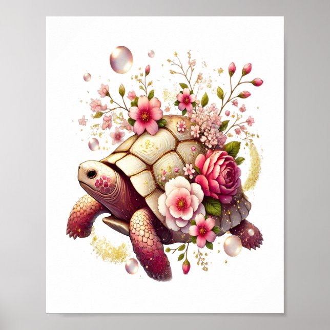 Affiche Boho Floral Tortue de mer rose Fleur (Devant)