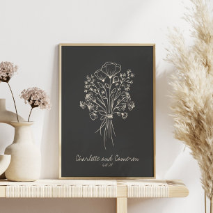Affiche Boho Flower Line Art Dessin Noms personnalisés