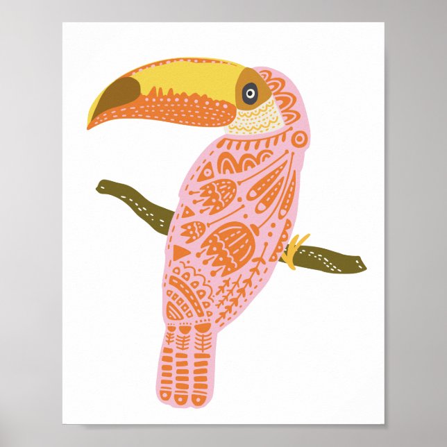 Affiche Boho Folk Floral Toucan Illustration en rose (Devant)