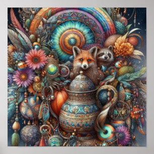 Affiche Boho Fox Raccoon Floral Design