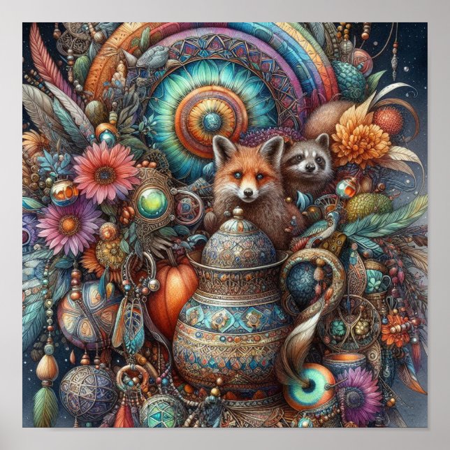 Affiche Boho Fox Raccoon Floral Design (Devant)