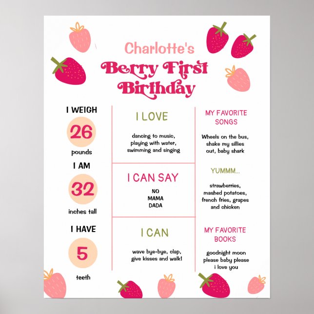Affiche Boho fraise Berry Premier anniversaire Jalon (Devant)