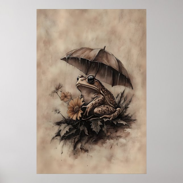 Affiche Boho Frog Under Umbrella With Fall Flowers Print (Devant)