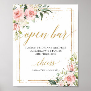 Affiche Boho gold frame blush pink floral open bar sign
