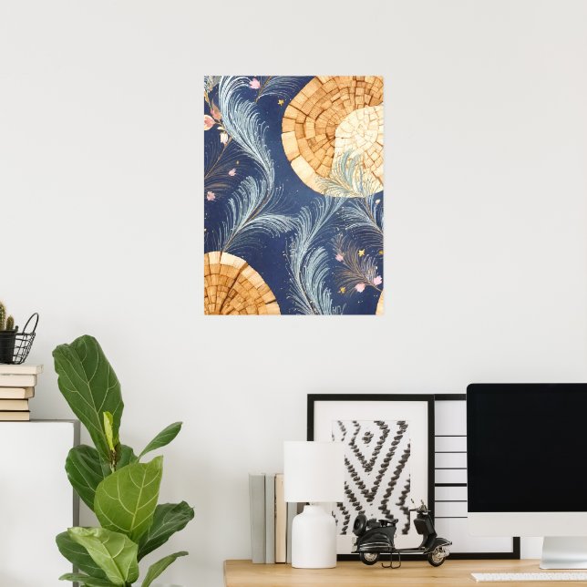 Affiche Boho Grain de Bois Éventail et Navy Plume Botaniqu (Bureau à domicile)