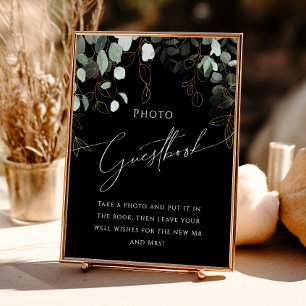 Affiche Boho Green et Gold Black Photo Guest Book Sign