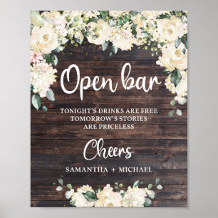 Affiche Boho greenery foliage rustic wood open bar sign