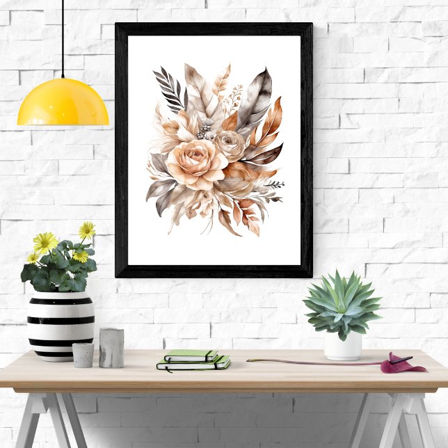 Affiche Boho Gris Beige Plumes végétales florales (Boho Floral Feathers Botanicals Beige Gray Neutral Colors Wall Art poster)