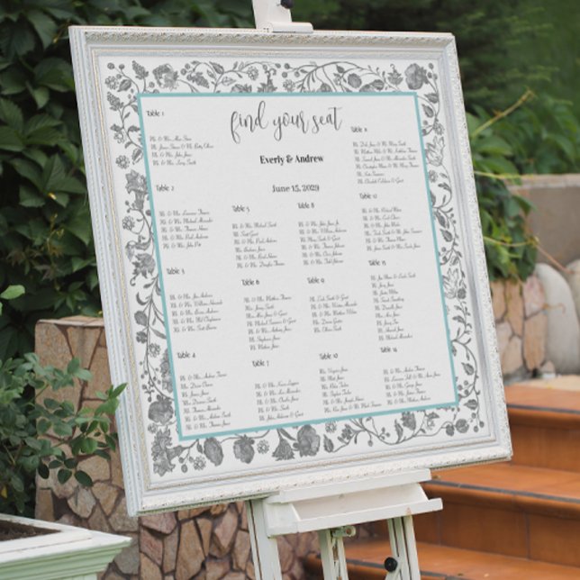 Affiche Boho gris Fleur sauvage Floral Bleu Frontières (Créateur téléchargé)