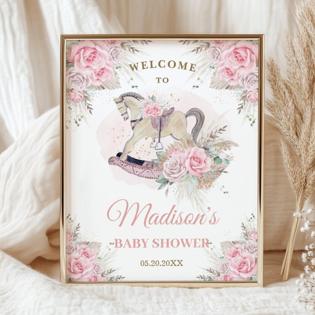 Affiche Boho Herbe des Pampas Fleur Rose Cheval à Bascule  (Créateur téléchargé)