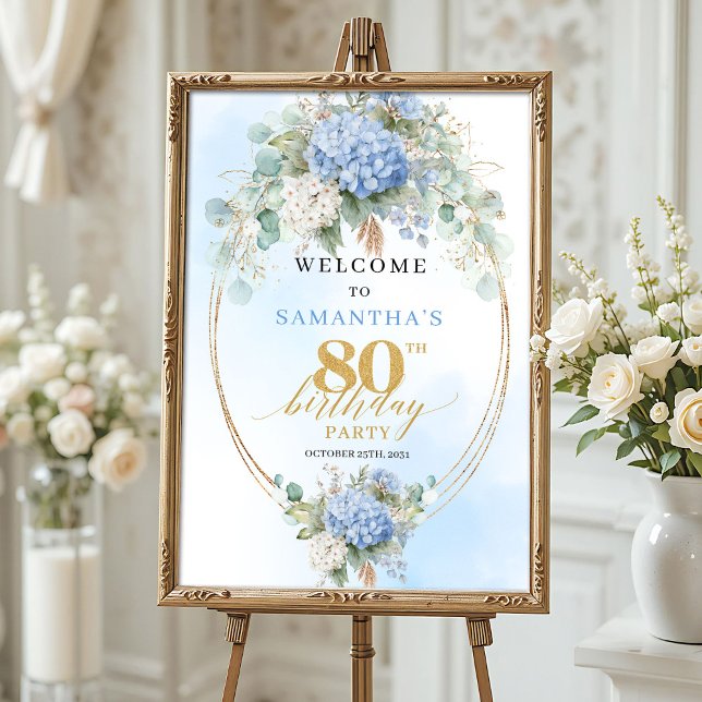 Affiche Boho Hydrangeas Gold Dusty Blue 80 birthday welcom (Boho Hydrangeas Gold Dusty Blue 80th birthday welcome)