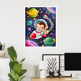 Affiche Boho Illustration Singe naviguant dans l'Espace