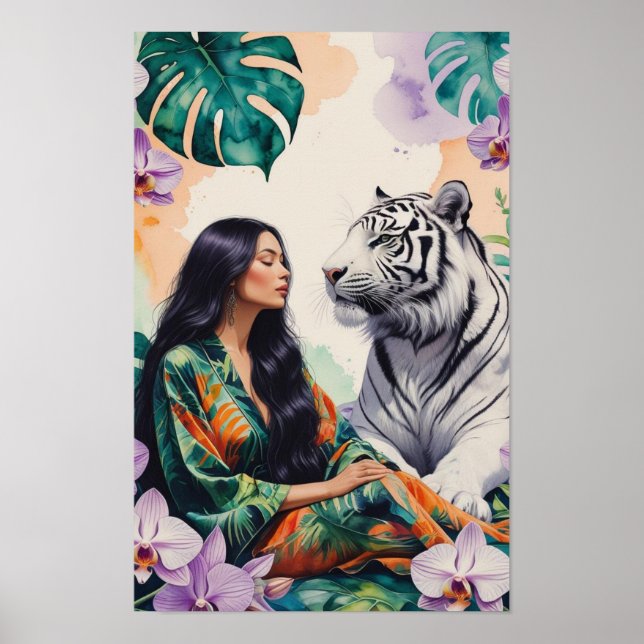Affiche Boho Jungle Rêve Paysage Tigre Blanc & Femme (Devant)